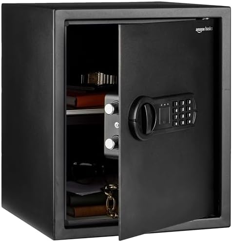 Amazon Basics Steel Home Security Safe with Electronic Keypad, Programmable Combination Lock for Documents, Jewelry, Valuables, Removable Shelf, 1.52 Cubic Feet, Black, 13.8"W x 13"D x 16.5"H