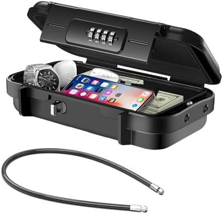 Portable Safe Box with Code, [Waterproof Anti-Theft ]Travel Safe, Combination Security Case Lock Box with Removable Wire Rope, for Home, Cars, Office, Vacation (Black)