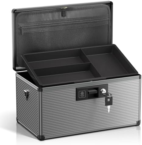 Medicine Lock Box with Key, Alluminum Alloy Box for Medication,First Aid Box with a Removeable Tray to Store Medicines & Pills for Home&Travel, Black 12 * 7.68 * 7.87 Inch