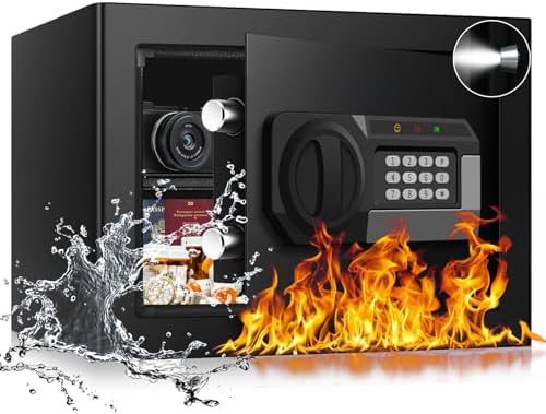 1.2 Cubic Feet Small Fire Safe Box for Home, Fireproof Lock Box, Security Money Safe with Digital Keypad, Spare Keys and Removable Shelf, Personal Home Safes for Money, Jewelry, ID Documents