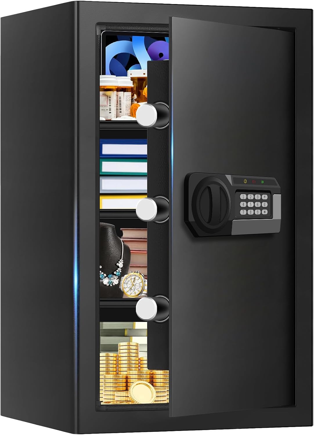 5.1 Cuft Large Home Safes Water and Fireproof with Digital Keypad & Key Lock, Fire Security Safes with 3 Removable Shelves, Anti-Pry Safe Box for Money Documents Jewelry, 23.62"H x14.96"W x 12.2"D