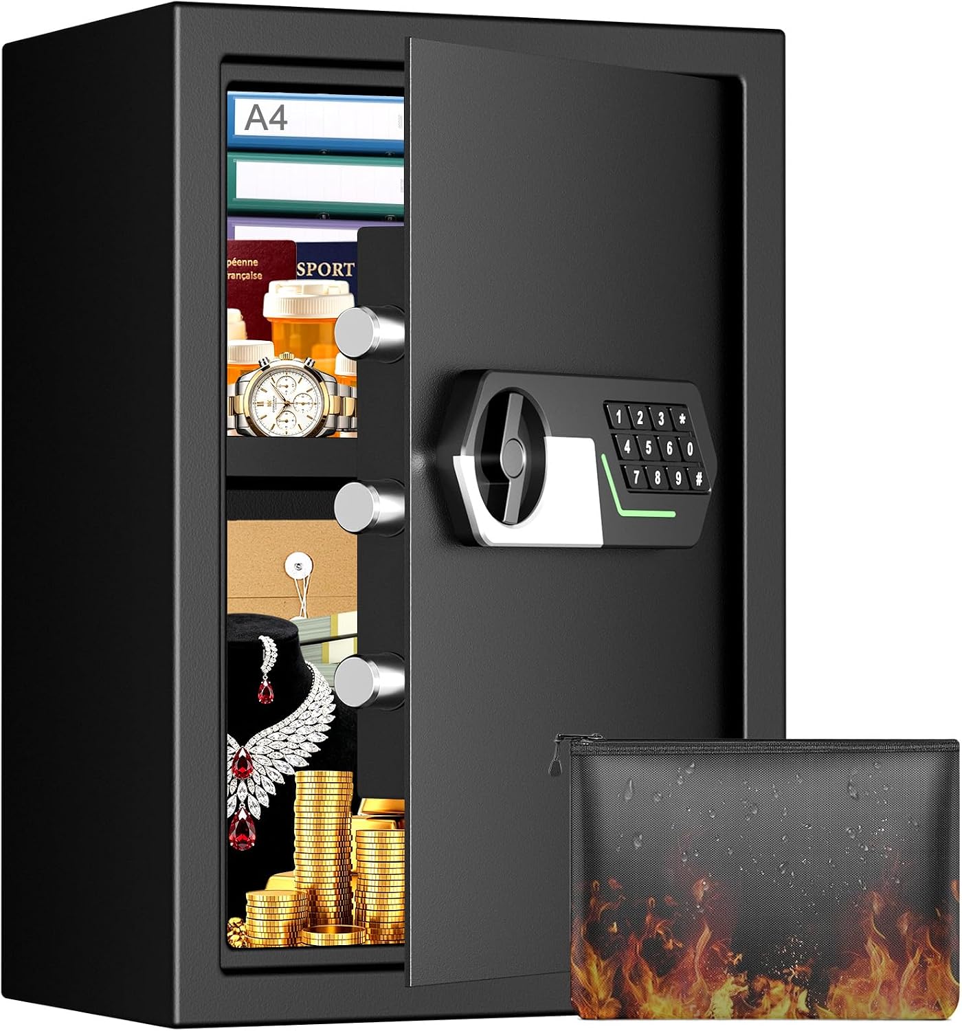 3.4 Cuft Large Home Safe, Fireproof and Waterproof Safe Box with Keypad, Key and Removable Shelf