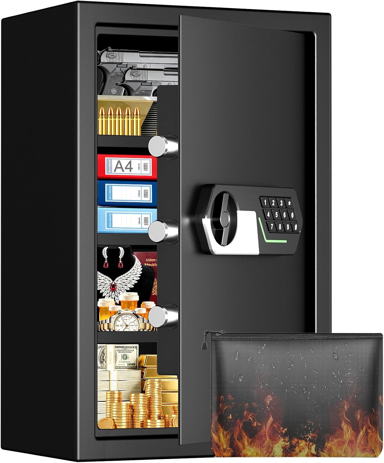 5.2 Cuft Large Home Safes with Fireproof Waterproof Bag, Digital Security Safe Box with Keypad Key and 3 Removable Shelves, Anti-theft Document Safe for Home Money Valuables