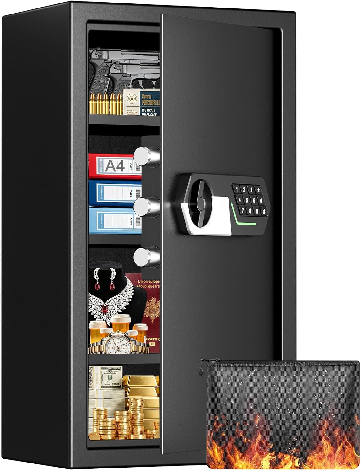 6.0 Cuft Large Home Safes Fireproof Waterproof, Anti-theft Fireproof Safe Box with Keypad Key and 3 Removable Shelves, Digital Security Safe Water and Fireproof, Document Safe for Home Money Valuables